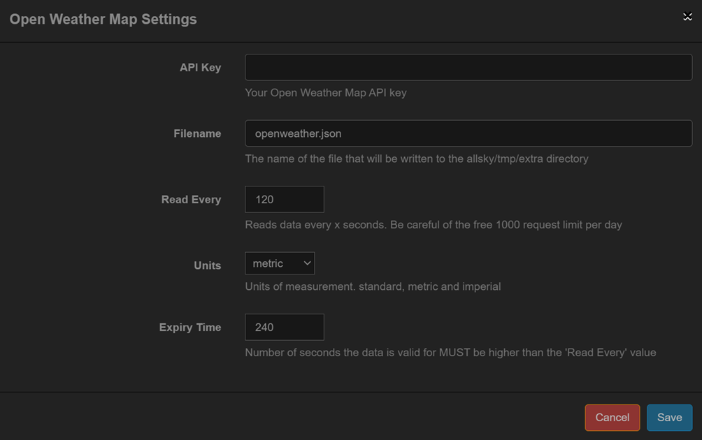 Open Weather Map Settings